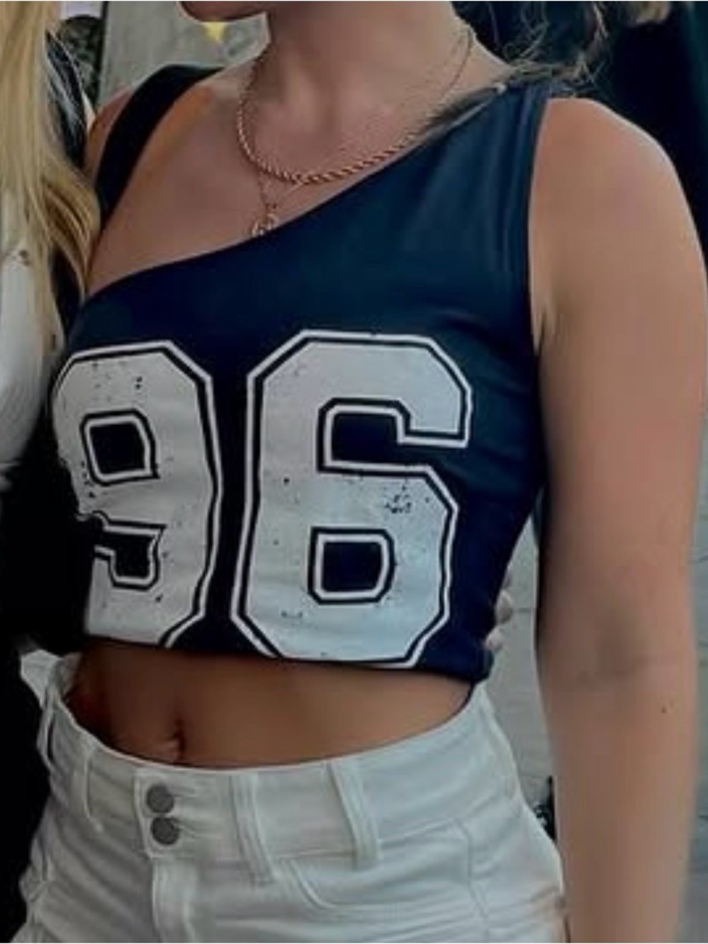 Windsor Navy One-Shoulder Crop Top with White '96' Graphic